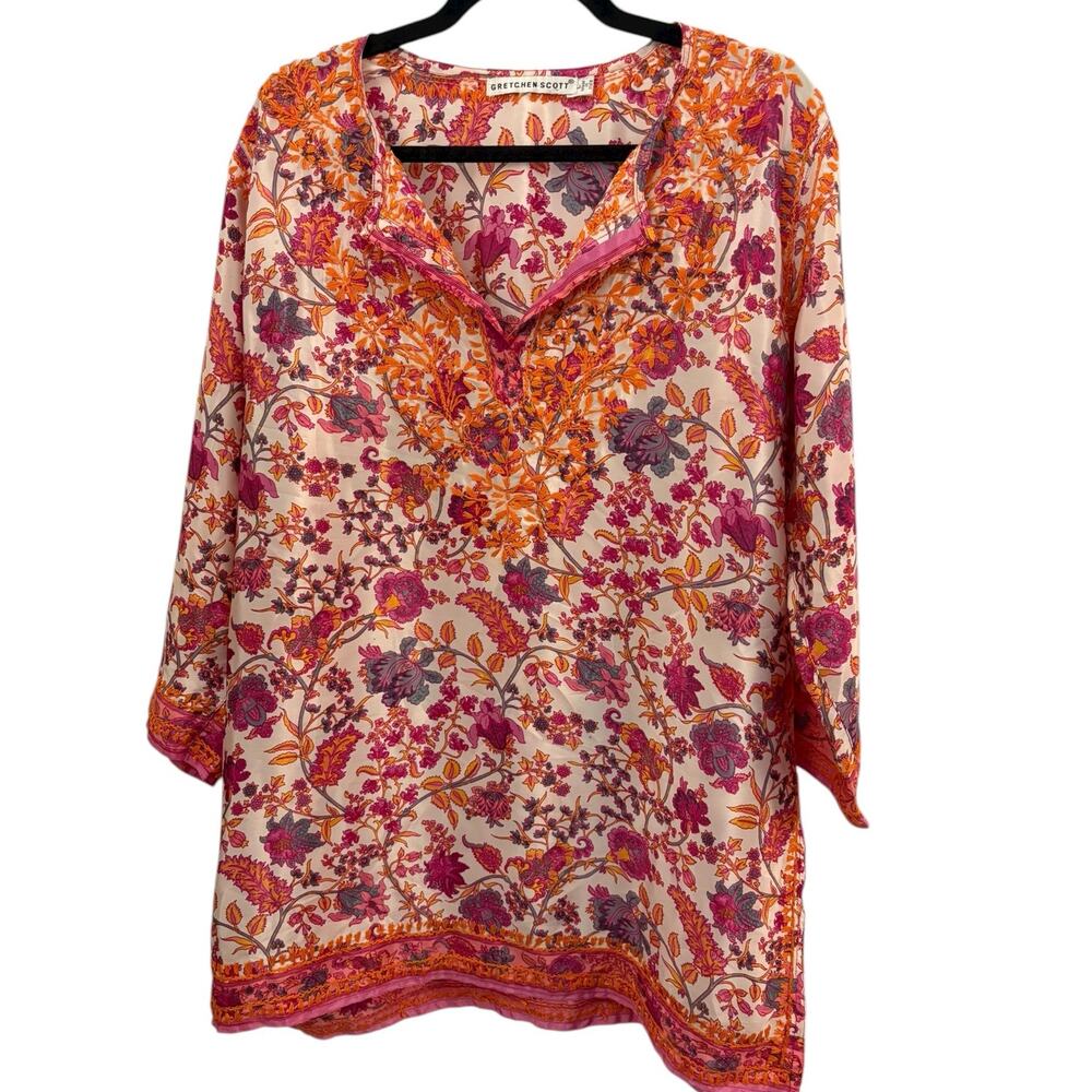 Gretchen Scott Embroidered Tunic Top Shirt Orange & Pink Sz L Summer Beachy Swim